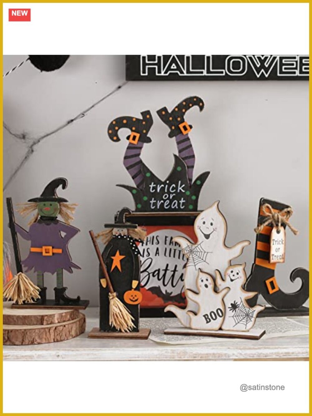 5PCS Halloween Wooden Tabletop Decorations Witch Ghost Set 6 Inch